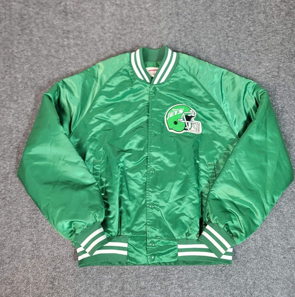 Vintage 90s New York Jets Satin Jacket Stadium Club Green Snap Button Mens L NFL